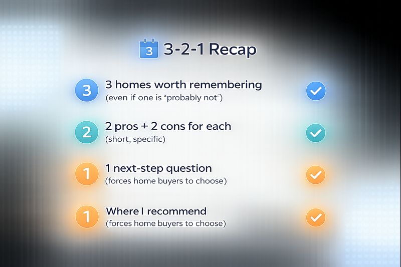 3-2-1 recap framework: 3 homes worth remembering, 2 pros and 2 cons for each, 1 next-step question