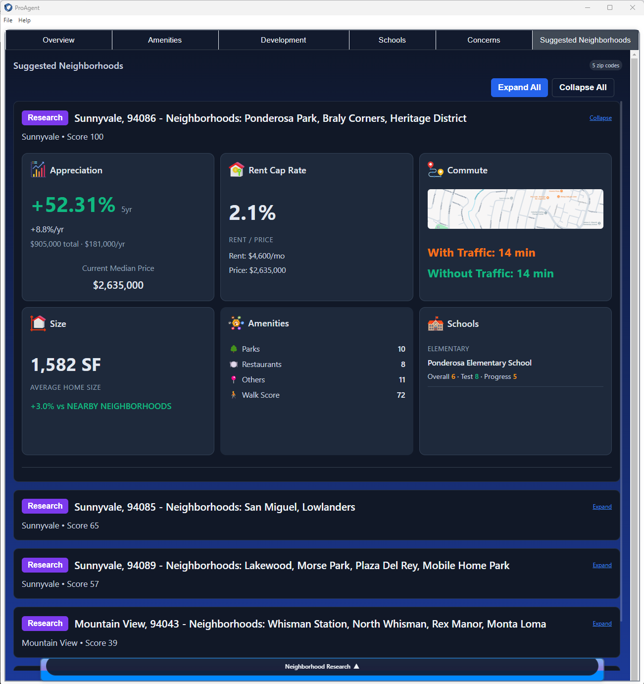 ProAgent Neighborhood Intelligence Engine screenshot showing ZIP-based research for schools, commute, amenities, and market trends for real estate agents
