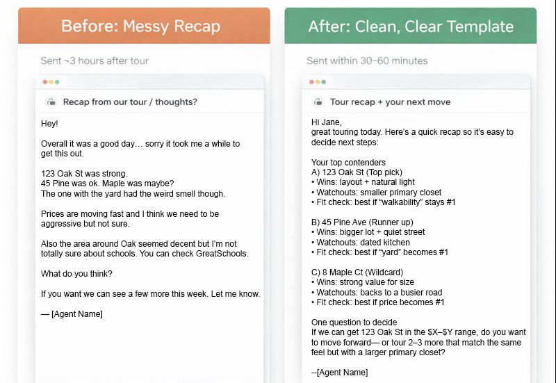 Before and after comparison: messy recap vs clean 3-2-1 template recap for real estate agents